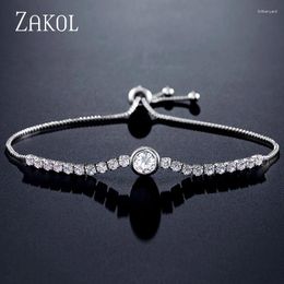 Link Bracelets ZAKOL Round Cubic Zirconia Tennis Charm For Women White Adjustable Bracelet Party Wedding Jewellery