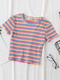 T Shirt Women Rainbow Striped Tops Slim Fit t shirt Harajuku Tshirt Summer Short Sleeve Korean T-shirt feminina Clothes Tops 240410