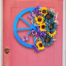 Decorative Flowers Sunflower Wreath For Front Door Decor Spring Wreaths With Blue Wheel Home Decoration Round Garland Supplies