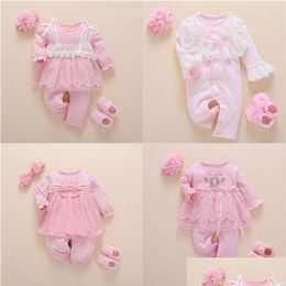 Rompers Born Baby Girl Clothes Fall Cotton Lace Princess Style Jumpsuit 0-3 Months Infant Romper With Socks Headband Ropa Bebe 21082 Dhagl