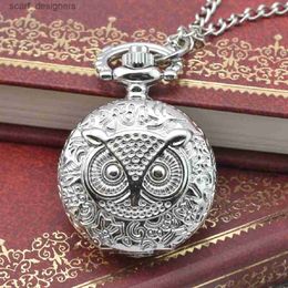 Pocket Watches Fashion Cute Mini Relief Owl Silver Pocket Vintage Quartz Pocket Unisex Sweater Chain es Necklace Y240410