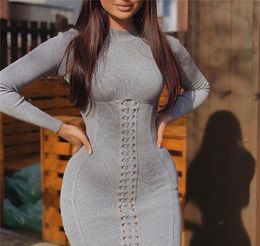 Women Bodycon Dress Autumn Long Sleeve Dresses Sexy Lace Up Mini Dress Ladies Sweater Dresses Female Knit Dress 0509022550393