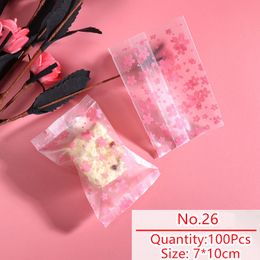 100pcs/lot Soap Biscuits Packaging Bag Transparent Cellophane Pouches Pink Flowers Fall Baby Party Heat Seal Cookies Gift Warp