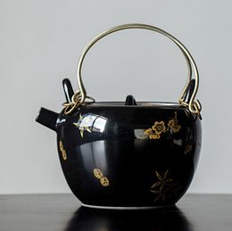 150ml Boutique Black Glaze Crockery Teapot Retro Bronzing Plum Blossom Art Tea Maker Pot Household Small Loop-handled Teapot