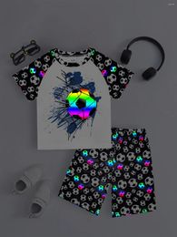 Home Clothing 2pcs Boys Fashion Cool Casual Loungewear Pyjama Set Soccer Pattern Print Short Sleeve Pullover Top Shorts