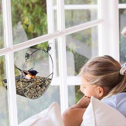 Round Acrylic Bird Feeder Clear Glass Window Seed Tray Durable Pet Parrot Feeding Accessories Bird Feeder Outdoor Hanging Feeder