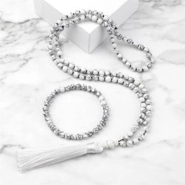 Classic Mala 108 Beads Knotted Necklace Women Men White Natural Stone Japamala Bracelet Long Tassel Rosary Necklace Jewelry Set