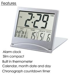 Ultra-thin Folding Alarm Clock Simple Lcd Luminous Display Temperature Perpetual Calendar Snooze Clock Timer Grey Wake Up Light