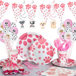 Cute Puppy Disposable tableware Pink Dog Footprint Plate For Pet Theme Party Supplies Kids Girl Birthday Party Decorations