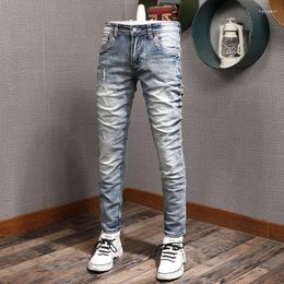 Men's Jeans Fashion Designer Men Retro Washed Light Blue Elastic Stretch Slim Fit Ripped Printed Vintage Denim Pants Hombre