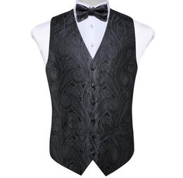 Stock in USA Men039s Classic Black Paisley Silk Jacquard Waistcoat Vest Bow Tie Pocket Square Cufflinks Set Fashion Party Weddi4934985