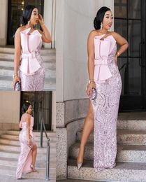 2020 Pink Mermaid Prom Dresses Beads Strapless Neck Appliqued Sequins Party Gowns High Split Turkish Vestidos Formal Dress Evening6702795