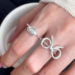 Cluster Rings 925 Sterling Silver Line Texture Lace Heart Ring For Women Gift Large Bow Hollow Out Fashionable Temperament Jewellery