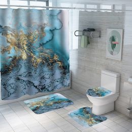 Marble Shower Curtain Sets Natural Luxury Ocean Art Blue Gold Powder Fabric Bathroom Set Non-Slip Rugs Toilet Lid Cover Bath Mat