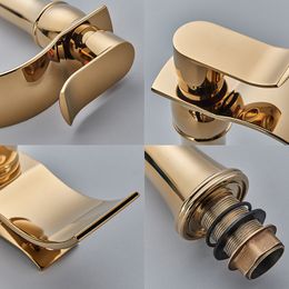 Golden Bathroom Waterfall Basin Sink Faucet Single Lever Brass Hot And Cold Water Basin Wash Faucet Deck Mount Crane High Type