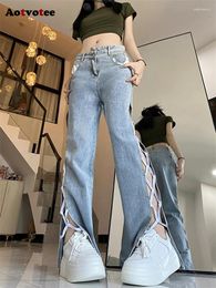 Women's Jeans Aotvotee Asymmetrical High Waisted For Women 2024 Fashion Streetwear Slim Flare Pants Vintage Lace Up Full Length