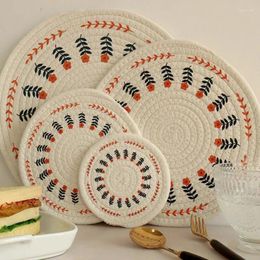 Table Mats Round Woven Cotton Rope Braided Insulation Cup Mat Tea Coffee Mug Drinks Holder Vintage Flower Print Home Decor