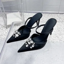 Exquisite Leisure Female Slippers Summer 2024 New Fashion Crystal Decor Runway Show Pointed Toe Sandals Shining Eye-Catching Satin Material Ladies Pumps