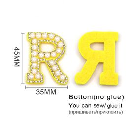 1Pcs Yellow Base English Letters Pearl Rhinestone Patches For Clothing Alphabet Rhinestones Applique For Hats Bags DIY Name 45MM