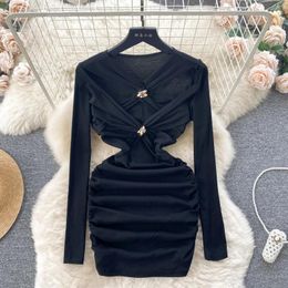 Casual Dresses Foamlina Long Sleeve Women's Dress Elegant Black Sexy Criss Cross Cut Out Front V Neck Bodycon Mini Vestidos