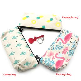 Flamingo Cactus Pencil Case Cute Canvas Durable Pencil Bag Students Storage Case Kids Gifts Presents for Girls 1Pc Kawaii Bag