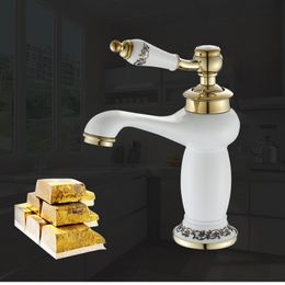 Bathroom Basin Faucet Antique Bronze Brass Sink Lavatory Tap White Ceramic Tap Single Handle Cold Hot Water Mixer Tap Deck Mount