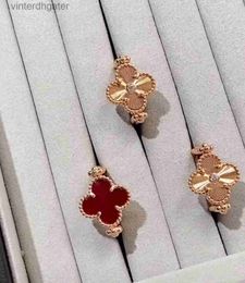 High End Vancefe Brand Designer Rings for Women High Version Four Leaf Clover Doublesided Double Flower Red Agate Laser Ring for Senior Brand Logo Designer Jewelry
