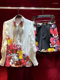 Studi per tracce femminile scollo stampato in moda Sinestone camicia e pantaloncini a maniche lunghe dolce 2024 estate a due pezzi set da donna outifits