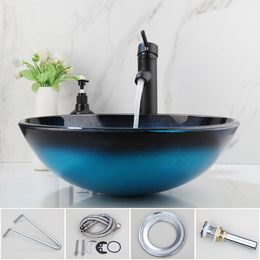 YANKSMART Blue + Black Round Tempered Glass Basin Sink Lavatory Deck Mounted Faucet Basin Bathroom Washbasin Mixer Water Tap Set