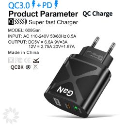 65W GaN Fast Charger US/EU/UK Plug Type-C PD+QC3.0 USB 5V/6.6A 9V/3A 12V/2.75A 20V/1.67A Quick Charging For Xiaomi iPhone Cable