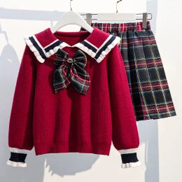 Sets for Girls School Uniform Twinset Children Costume Kids Suit Preppy Sweater Skirt Clothes for Teenagers 6 8 9 10 12 14 Years