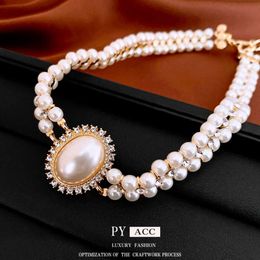 Diamond Inlaid Oval Double-layer Pearl Necklace French Niche Collarbone Chain Temperament Palace Style Versatile Jewelry