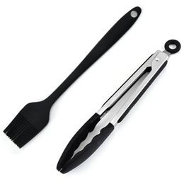 2pcs Silicone Food Tong Basting Brush Set Oil Brush Kitchen Tongs BBQ Grill Clip Meat Salad Cake Sauce Brush Barbecue Clip Tools