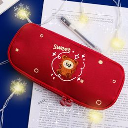 Embroidery animal cute pencil case Kawaii pencil bag School supplies storage bag student pen case big canvas pen bag kids gifts