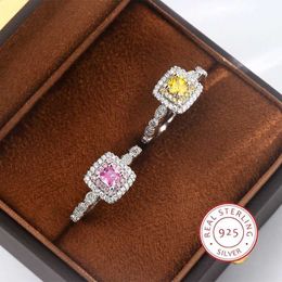 Band Rings S925 Silver Jewellery Pink Diamond Ring Micro Set Square Yellow Diamond Ring Womens Sugar Jewellery Super Flash Holiday Gift J240410