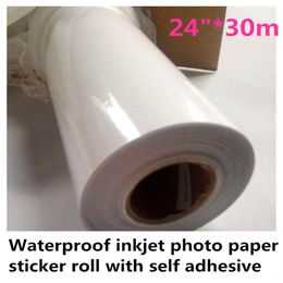 24"*30m Waterproof Glossy photo paper sticker roll with self adhesive for pigment inkjet printer