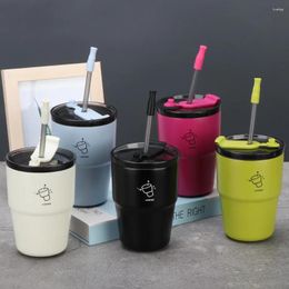 Water Bottles High Aesthetic Straw Insulated Cup Coffee Convenient Student Stainless Steel Double Drinking Car