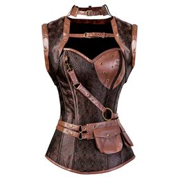 Pirate Corset Top Plus Size Faux Leather Lingerie Pirate Costume Corset Bustier Top Overbust Steampunk Corsets for Women Brown