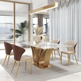 Luxury Villa Dining Room Swan Shape Rectangular Island Table 1.8m And 6 Chairs Set Golden Creative Design Marble Furniture