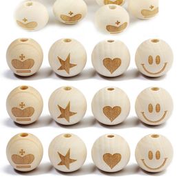 5/10pcs 20mm Round Natural Spacer Wooden Beads Natural Colour Round Shape Star Smile Pattern for Home DIY Handmade Baby Crafts