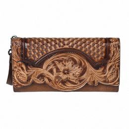 floral Genuine Leather Wallet Women Handmade Real First Layer Cow Leather Clutch Bag Large Female Card Holder Purse 00U6#