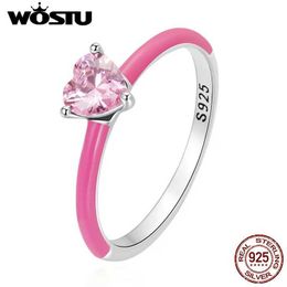 Band Rings WOSTU 100% 925 sterling silver fashionable pink heart-shaped zirconia ring for womens fine blue zirconia ring S925 exquisite jewelry J240410