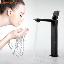 Bathroom Basin Sink Faucet Deck Mounted Square Brass Tall Mixer Single Handle Hot and Cold Water Mixer Tap