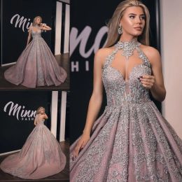 2024 Elegant Evening Dresses High Collar Sleeveless Lace Beads Prom Gowns Custom Made Sweep Train A Line Special Occasion Dress