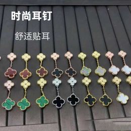 New High Quality Designer Earrings V Family Four Leaf Grass High Version Double Flower Ear Patter Thick Gold Electroplated 18K Rose Gold Jade With Logo Vancelf