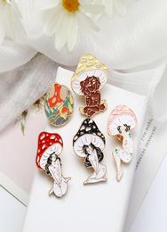 Fashion character pattern Gold Plated Enamel Pins Creative mushroom Girl Brooches 5pcs Set Paint Brooch for Women Denim Shirt Bad9628527