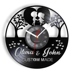 Tree Of Love Custom Names Wedding Wall Clock Tree of Hearts Put Your Name Message Personalised Marriage Vinyl Record Wall Clock