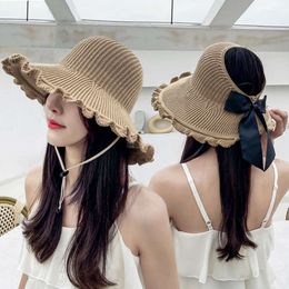Wave Edge Empty Top Women, Summer Outdoor Protection and Shading for Beach Outings, Sun with Rolled Large Brim Grass Hat