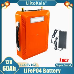 1pcs LiitoKala 12v 60Ah LIfepo4 battery pack with LED 5v USB 12.8v 60ah for solar car motor bike vehicle UPS inverter use