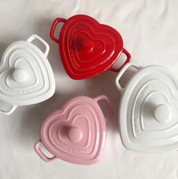 Bowls Love Pot Ceramic Heart-shaped Lid Pudding Bowl Dessert Baking Pink Lovely Tableware.